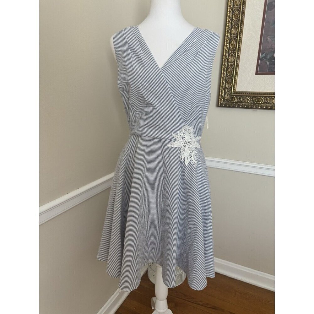 NWT Maison Jules Womens Size 8 Blue White Striped Fit Flare Dress Lace Trim